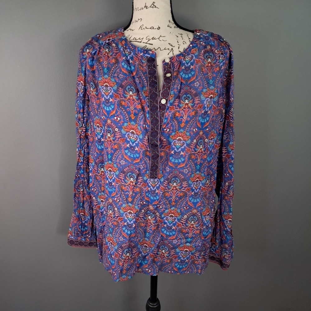 Ann Taylor Loft Size Small Womens Blue Floral Cotton Long Sleeve Soften Shirt